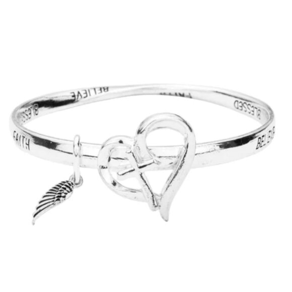 Believe Blessed Faith Cross Heart Bangle Bracelet NWT - Picture 1 of 1